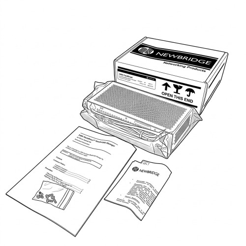 Line art illustration: Newbridge networking power supply kit: box, packaged device, cables, documentation, and mounting hardware