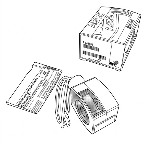 Line art illustration: ASCO RedHat solenoid valve replacement coil, instruction sheet, and branded box