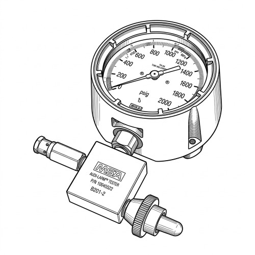 Line art illustration: MSA AUDI-LARM Tester with a connected 0-2000 psig pressure gauge and fittings