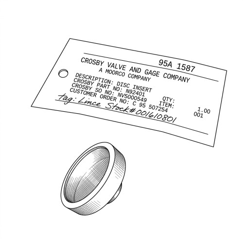 Line art illustration: Crosby Valve N92401 safety disc insert, a cup-shaped metal component with an attached product tag