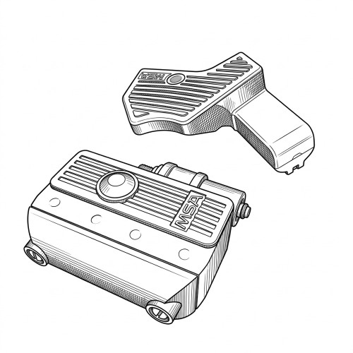 Line art illustration: MSA HUD transmitter and receiver units, featuring textured surfaces and connection points