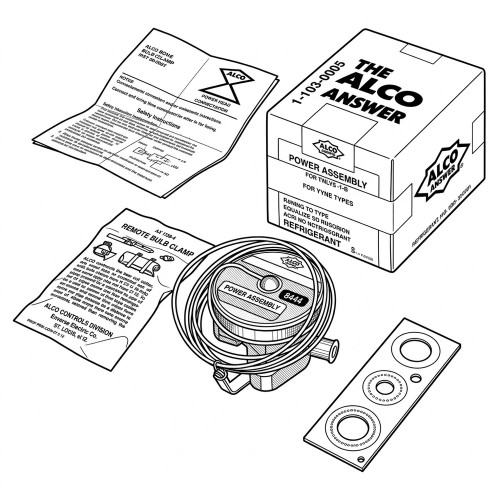 Line art illustration: Alco Power Assembly in box with manuals, a wired device, and a perforated plate