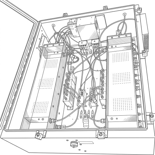 Line art illustration: Open UHF radio signal booster showing internal electronics, wiring, and two large perforated modules