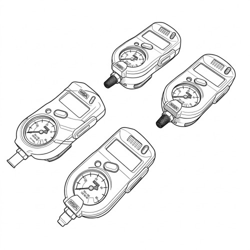 Line art illustration: Four MSA PASS devices, each with a pressure gauge, LCD screen, and connector