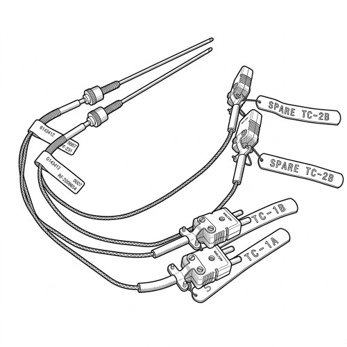 Line art illustration: Two Watlow thermocouples with probes, connecting wires, and labeled mini-connectors