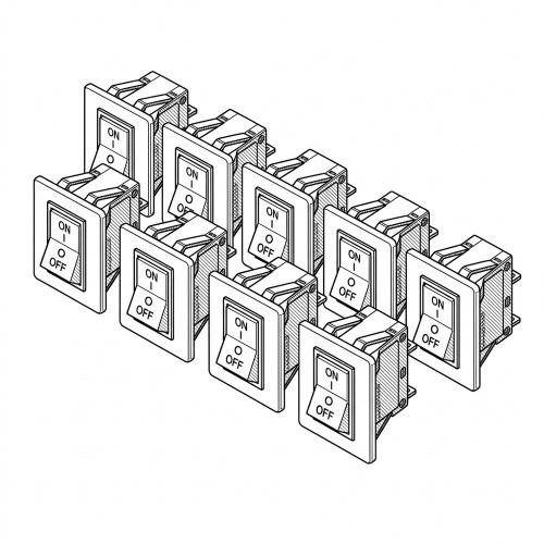 Line art illustration: Nine panel-mount thermal overload switches, each with an ON-OFF rocker toggle