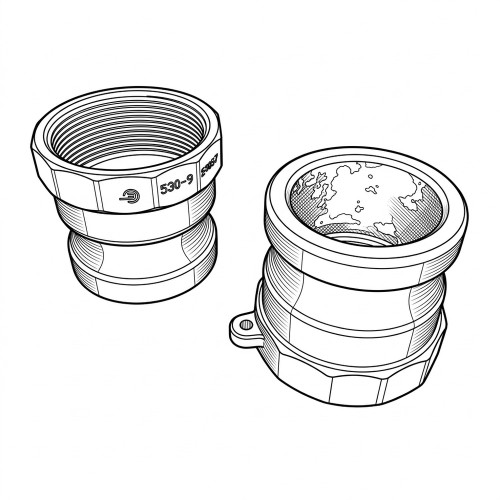 Line art illustration: Two Kamlok male adaptors: one with internal threads, the other featuring an internal textured map-like surface