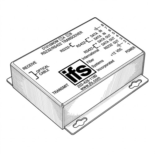 Line art illustration: IFS D1010WDM RS232/RS422 transceiver with optical ports, data/power connections, and mounting tabs