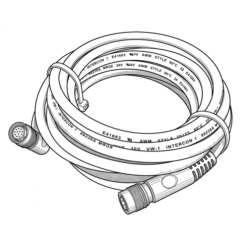 Line art illustration: Coiled camera cable with multi-pin female and male connectors