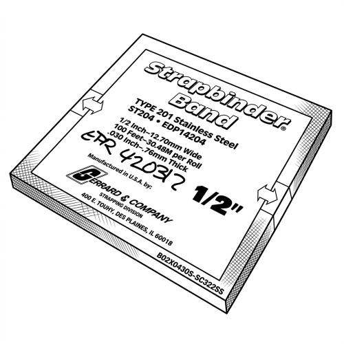 Line art illustration: Strapbinder Band package; label details 1/2"x.030"x100' Type 201 stainless steel strapping