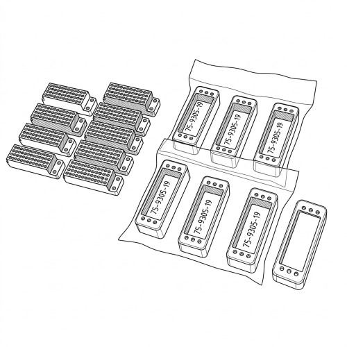 Line art illustration: Nine 50-pin electrical blocks and eight housings, some in strip packaging