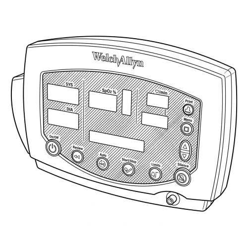 Line art illustration: Welch Allyn patient monitor displaying vital signs (SYS, DIA, SpO2, heart rate) and control buttons