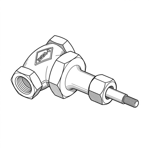 Line art illustration: valve body with hex ends and threaded stem
