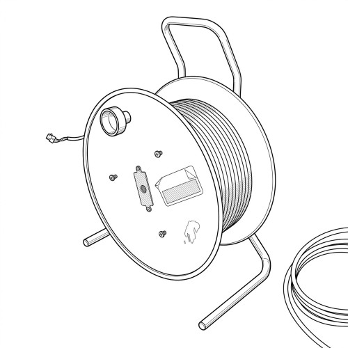 Line art illustration: Portable reel of telephone cable with stand, top handle, side panel, and loose cable
