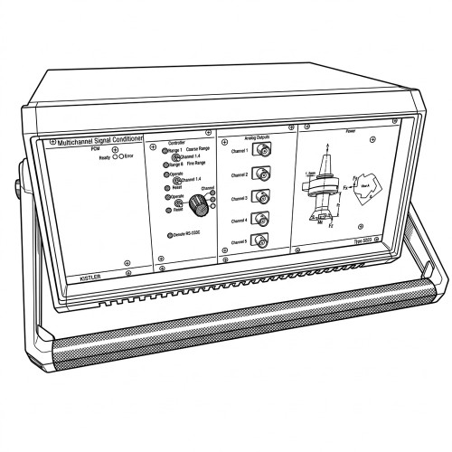 Line art illustration: Kistler Type 5223 multichannel signal conditioner, showing controls, five analog outputs, and a dynamometer diagram