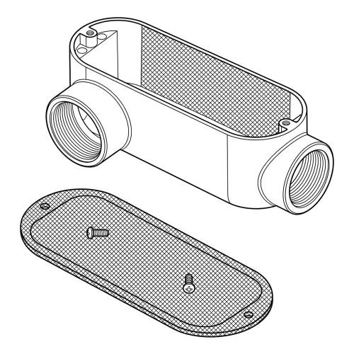 Line art illustration: Raco conduit body with two threaded ends, open top, and separate cover with screws