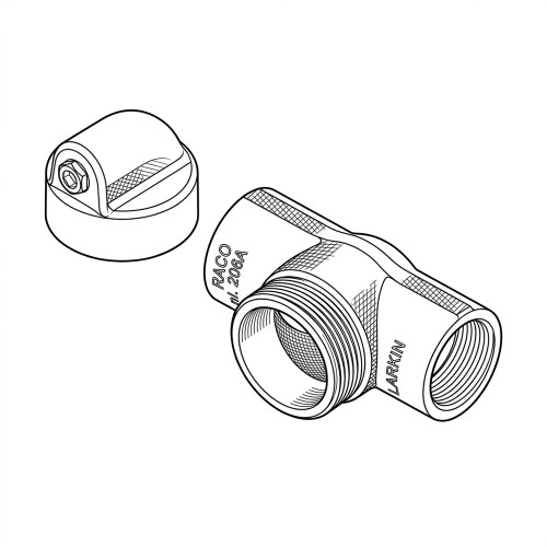 Line art illustration: T-shaped electrical conduit fitting with threaded connections and a separate domed closure cap