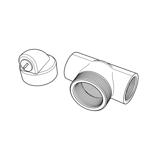 Line art illustration: T-shaped threaded conduit fitting with screens, and a domed Killark EYS Electrolet sealing component