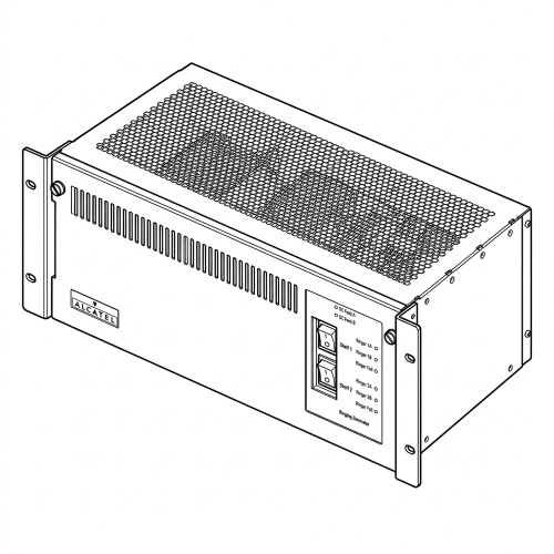 Line art illustration: Alcatel Ringing Generator: rack-mount unit with switches, LED indicators, and ventilation grilles
