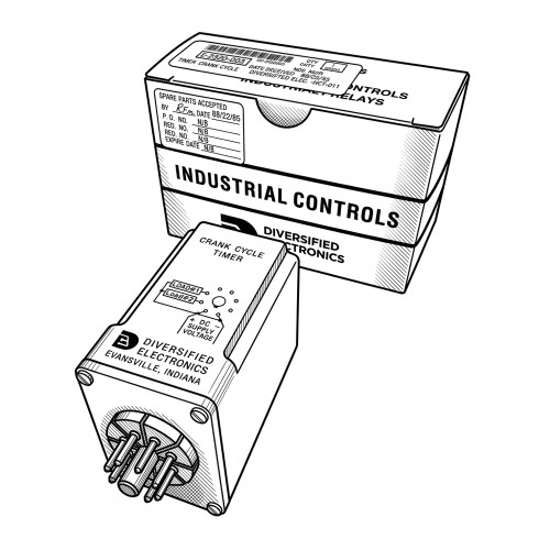 Line art illustration: Diversified Electronics crank cycle timer unit with pins, accompanied by its labeled Industrial Controls box