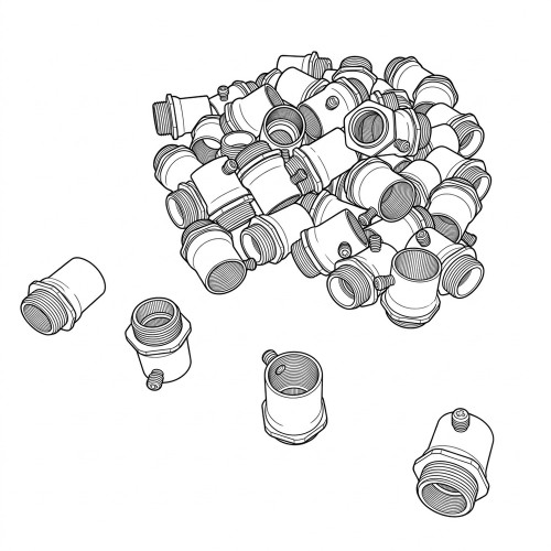 Line art illustration: Cylindrical, threaded set screw connectors, shown in a large pile and several scattered on a white background