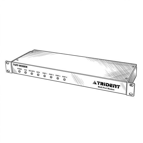 Line art illustration: Trident Tuff-Modem, a multi-port modem with power, security, data, and port indicators