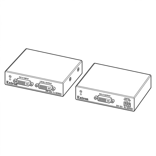 Line art illustration: Two Extron DVI 200 Tx transmitter with input/local output and DVI 201 Rx receiver with output/control