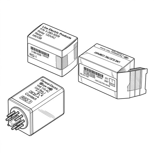 Line art illustration: Line Electric plug-in control relay with pin base, and two product boxes, one open