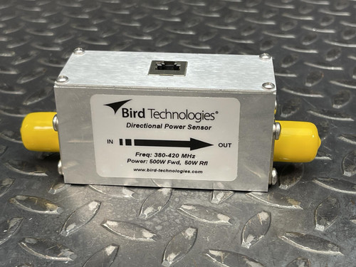 Bird Directional Power Sensor with label showing 380-420 MHz, 500W Fwd, 50W Rfl, and yellow connectors.