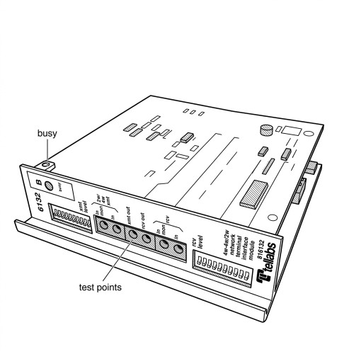 Line art illustration: Tellabs 6132 network interface module with busy indicator, test points, and multiple front panel connectors