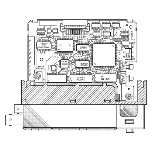 Line art illustration: Allen-Bradley 1747-SCNR SLC Controlled Scanner circuit board with chips, connectors, and module housing