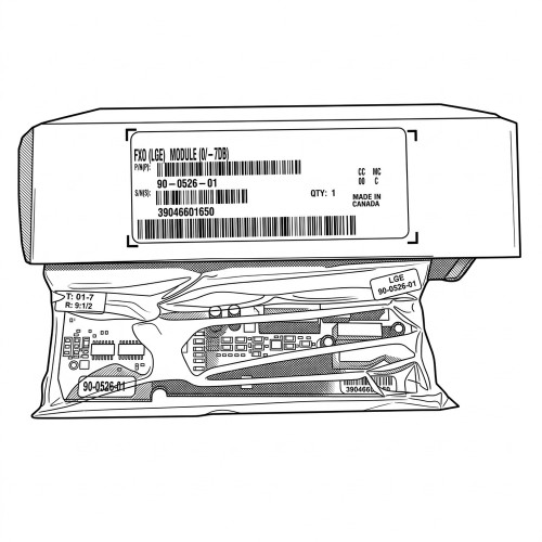 Line art illustration: FXO (LGE) module 90-0526-01 in clear packaging, displayed with its labeled product box