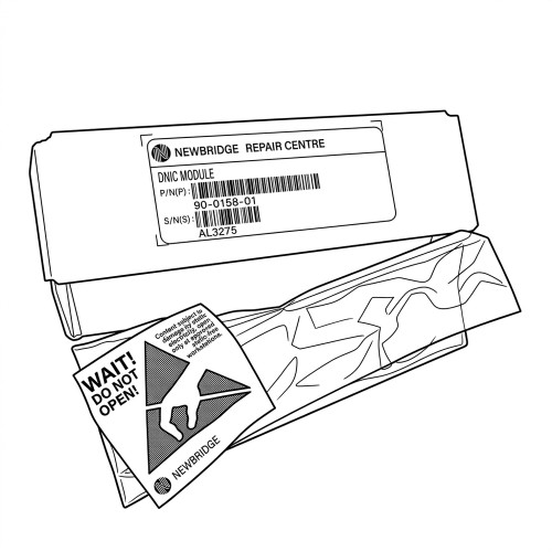 Line art illustration: Newbridge DNIC Module 90-0158-01 in repair centre box with anti-static warning