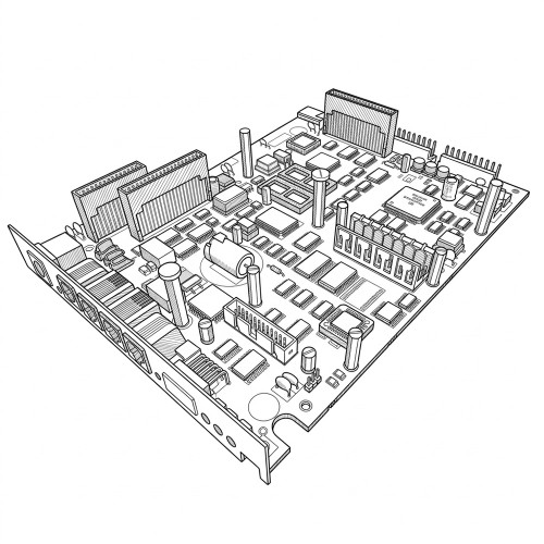 Line art illustration: Network card featuring chips, multiple connectors, cylindrical capacitors, and a metal mounting bracket