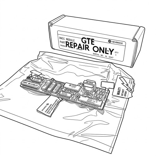 Line art illustration: Newbridge DNIC module circuit board in anti-static bag, with 'GTE Repair Only' box