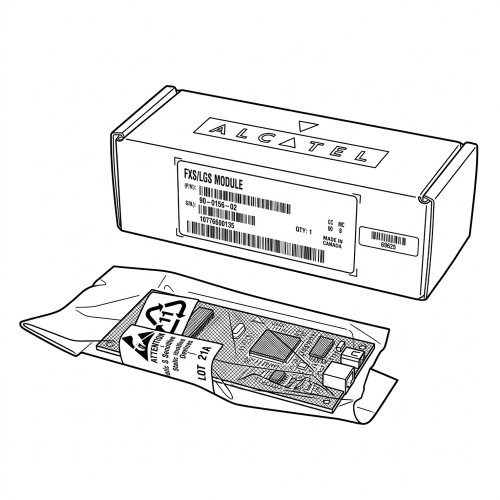 Line art illustration: Alcatel FXS/LGS module box with a circuit board in an anti-static bag