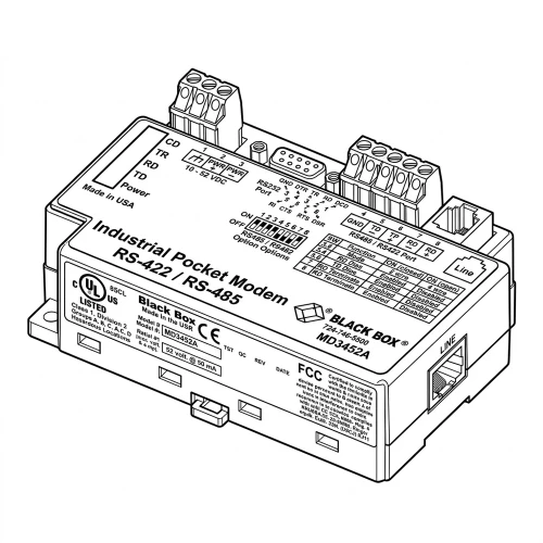 Line art illustration: Black Box MD3452A Industrial Pocket Modem with screw terminals, DB9, RJ jack, DIP switches, and labels