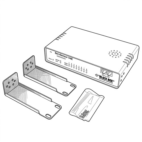Line art illustration: ServSensor V4E gateway, two mounting brackets, and a bag of hardware for installation