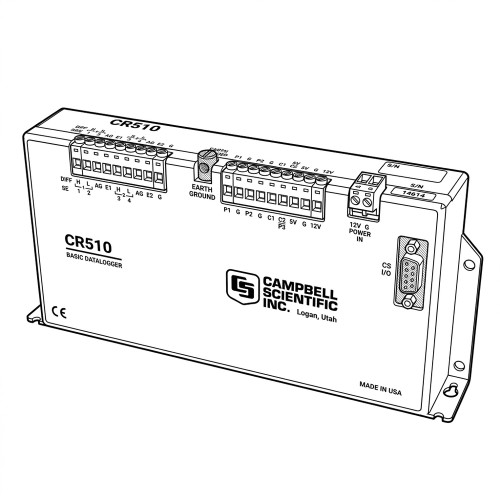 Line art illustration: Campbell Scientific CR510 datalogger: multiple input terminals, power input, I/O port, and serial number