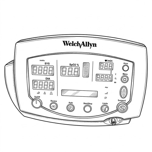 Line art illustration: Welch Allyn vital signs monitor with blood pressure, SpO2, heart rate displays, and control buttons