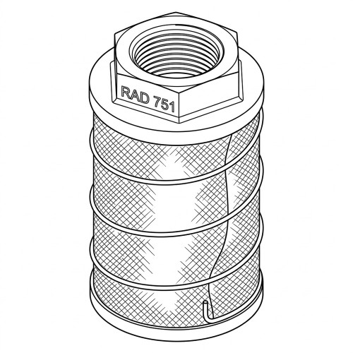Line art illustration: Inlet filter: threaded hexagonal top with 'RAD 751', mesh-wrapped cylindrical body