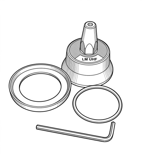 Line art illustration: UHF antenna replacement coil assembly with two washers and a hex wrench