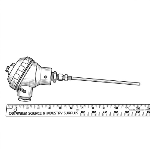 Line art illustration: Type J thermocouple probe with connection head and long straight shaft