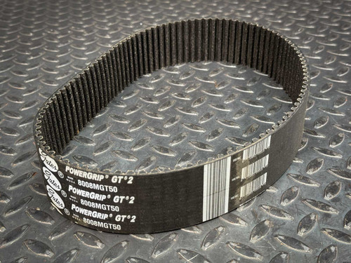 Gates PowerGrip GT2 800-8MGT-50 timing belt showing the 50mm width and 8mm pitch teeth.