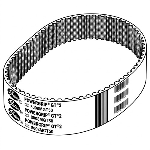 Line art illustration: Gates PowerGrip GT2 timing belt with teeth, branded text, and barcodes on the side