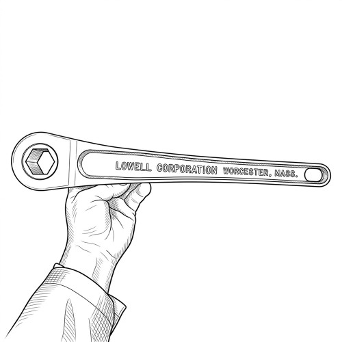 Line art illustration: Ratchet arm with hex socket, "Lowell Corporation Worcester, Mass." branding, held in a hand