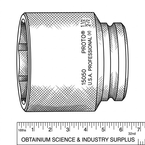 Line art illustration: Proto 15050 1 1/2 inch impact socket with visible size, brand, and professional use markings