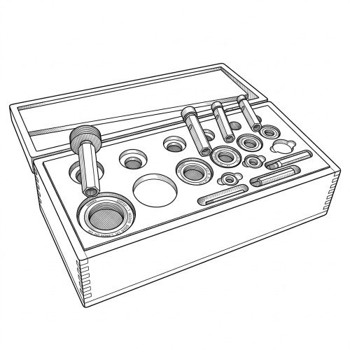 Line art illustration: Wooden box with an incomplete set of metal threaded ring and plug gauges