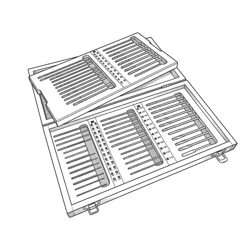 Line art illustration: Lavallee & IDE #10 Reamer Kit: many reamers in an open, multi-level wooden case