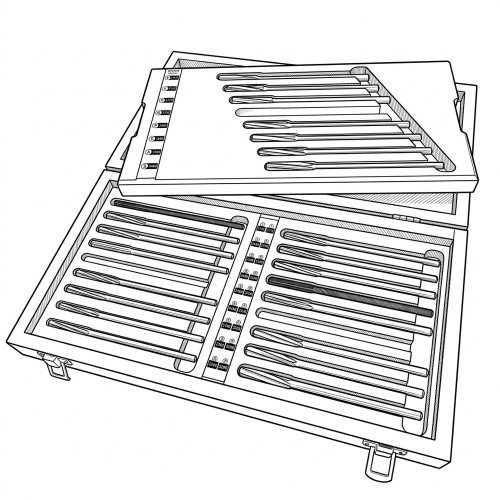Line art illustration: An open case displaying a set of many letter reamers arranged in two tiers